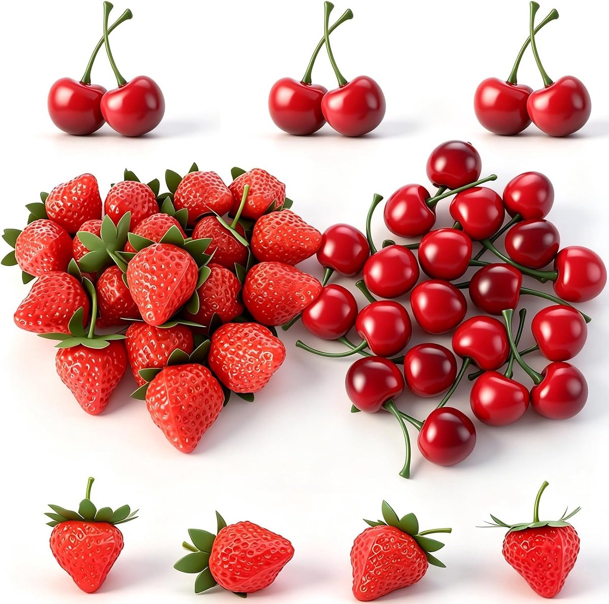 50 stuks nepfruitset, 25 aardbeien kersen, levensechte simulatievruchten | Kunstmatige fruitdecoratie voor thuis, keuken, feestdecoratie, fotografie rekwisieten, taartdisplay, fruitmand decoratie
