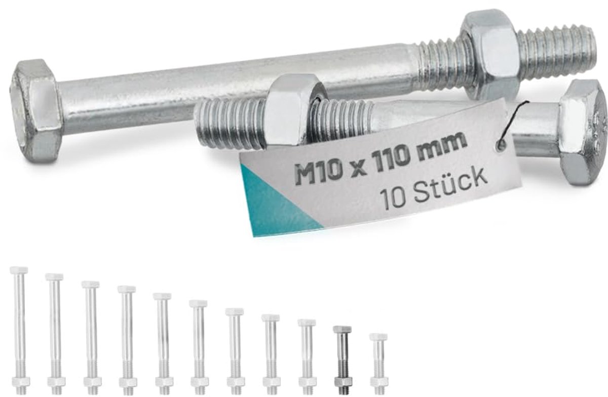 DIN 931 zeskantschroeven met schacht M10x110 + DIN935 zeskantmoer, 10 stuks | roestvrij staal A2 V2A, deeg, bevestiging voor U/H-paaldragers, machineschroeven met moer