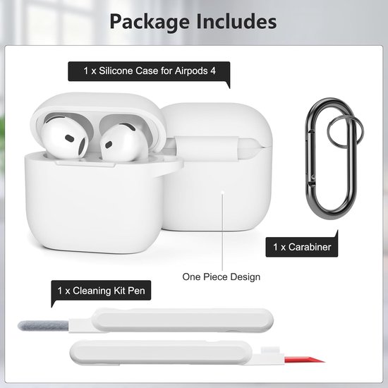 Hoes compatibel voor AirPods 4e generatie met reinigingsset, zachte siliconen full body schokabsorberende beschermhoes voor Airpods 4 2024 met reinigingspen en karabijnhaak, wit — afbeelding 4