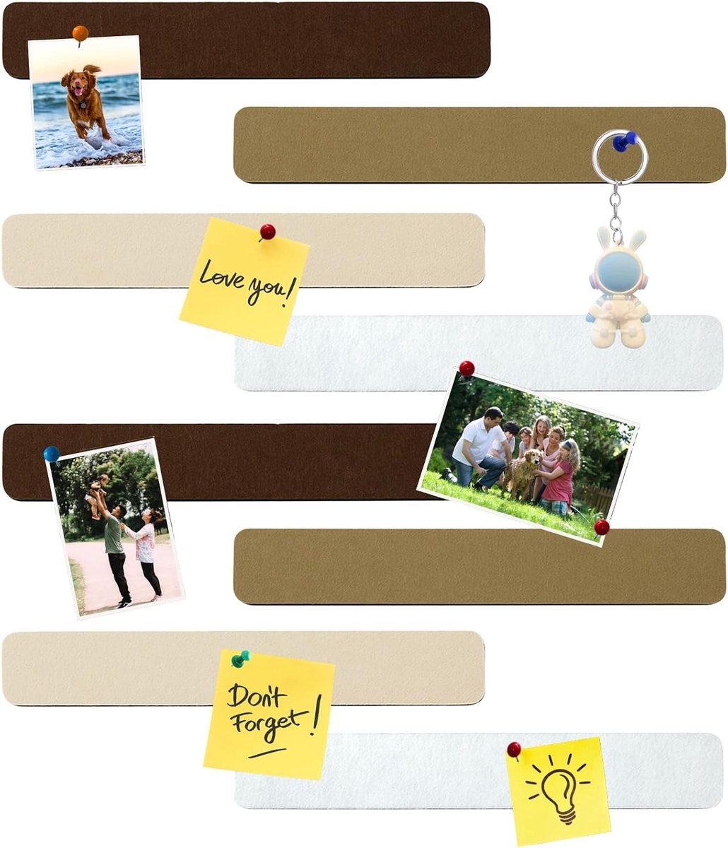 Vilten Prikbordstrips, 8 Stuks Zelfklevende Kurkbordstrips met 35 Punaises voor Kantoor, School, Thuis, Muurdecoratie, Stickers(Geleidelijk Bruin)