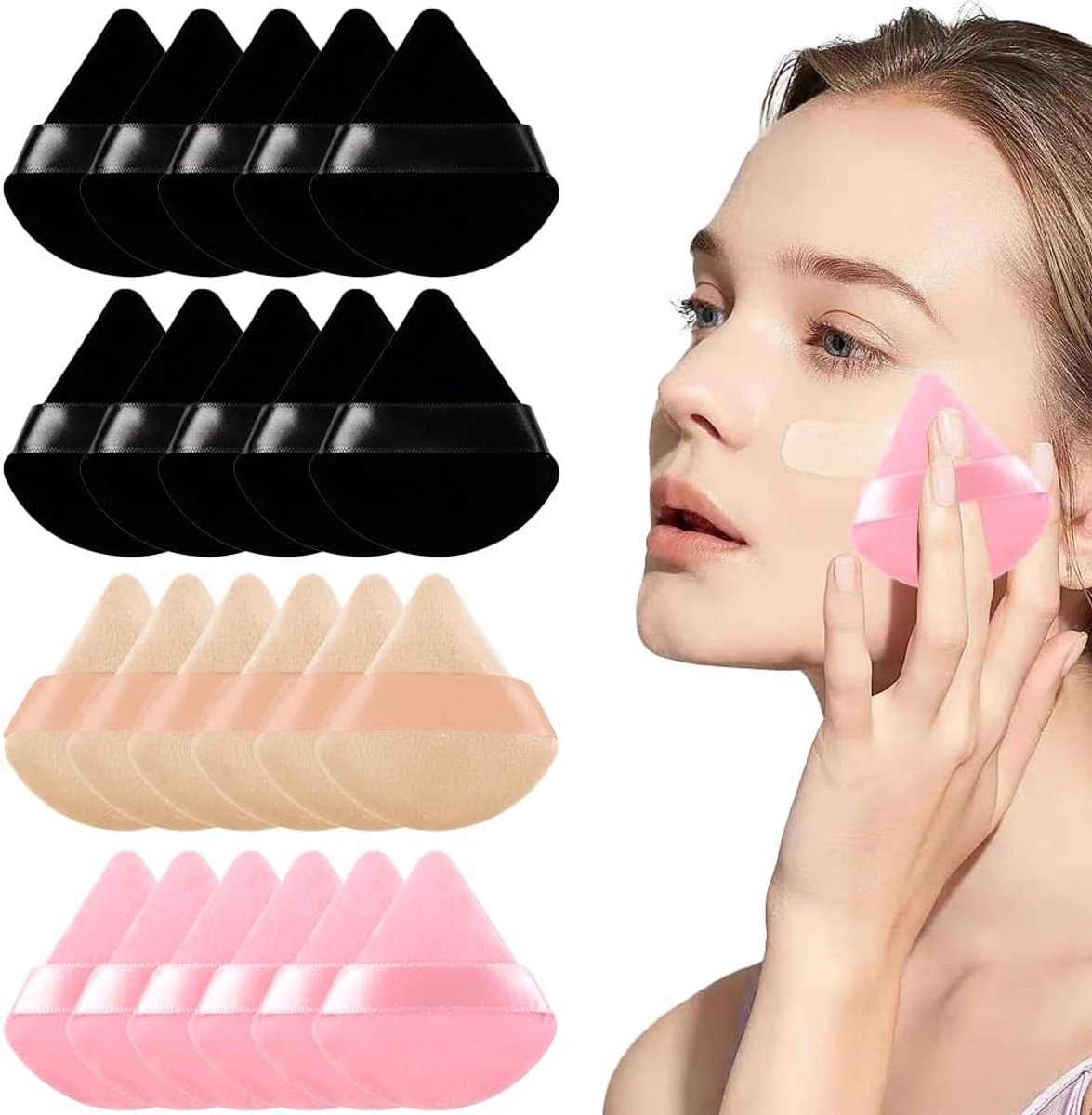 20 stuks kwastjes, make-upsponzen, driehoekig, wasbaar en herbruikbaar, geschikt voor poeder- en vloeibare basis, concealer, rouge (10 zwart + 5 roze + 5 huidskleur)