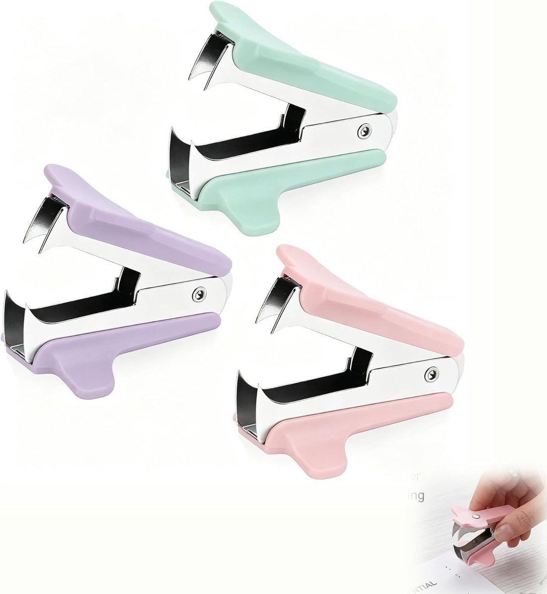 [3 stuks] - ontnietset in macaron-kleuren (paars, roze, groen), ergonomische nietjesverwijderaar voor school en kantoor, kleine verwijderaar voor standaard nietjes
