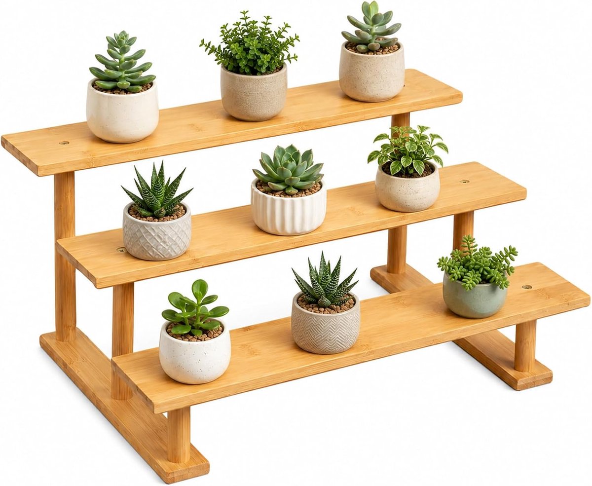 Mini-bamboestandaard met 3 niveaus, 40 cm, kleine plantenstandaard, bureau-organizer voor kantoor, slaapkamer, eetkamer, werkkamer