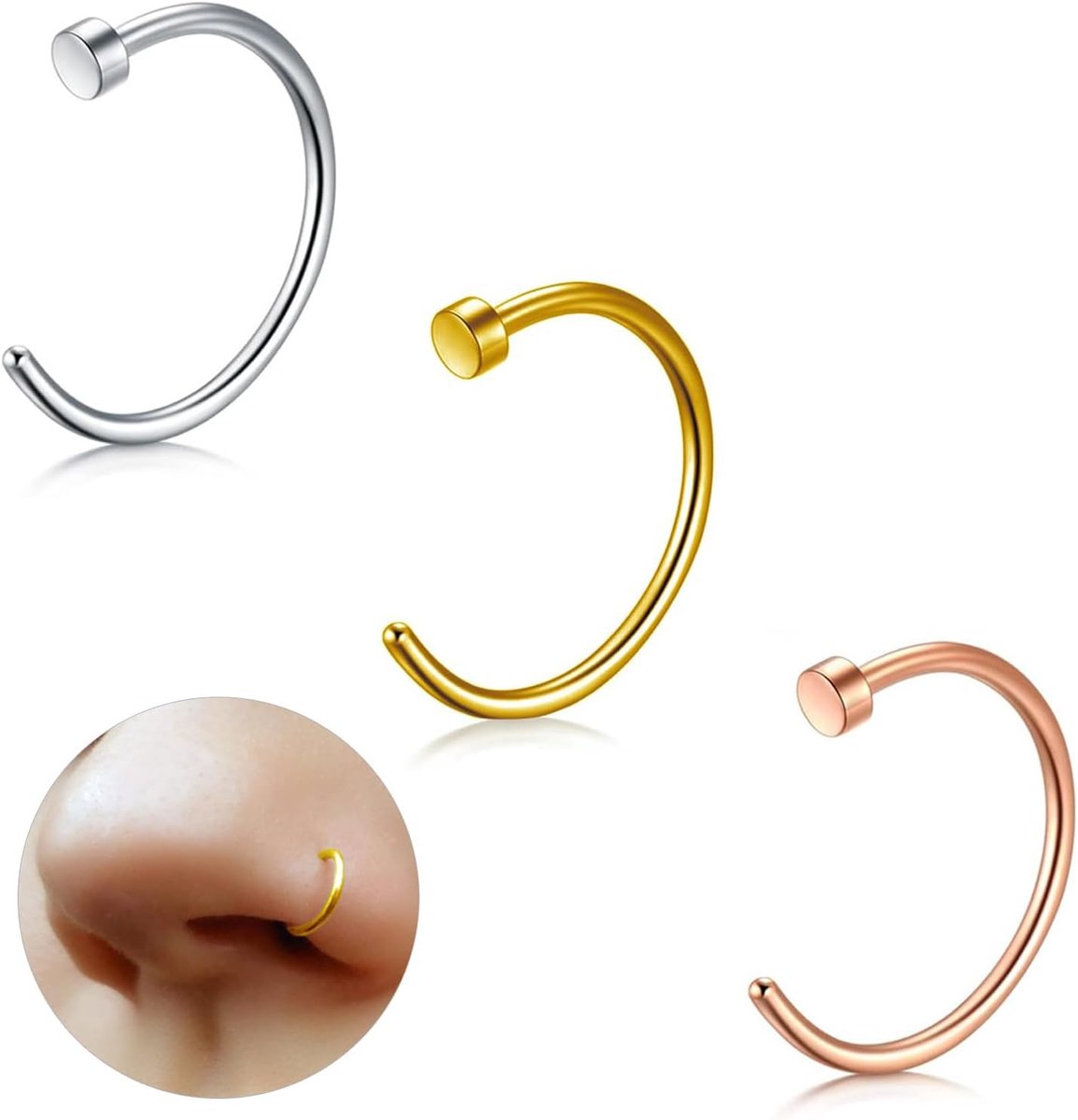 Titanium nep neusgat piercing septum neus tragus helix conch nep neuspiercing dames heren 18G 20G 6MM/8MM/10MM zilver goud 3 stuks hypoallergeen nep neusgat piercing