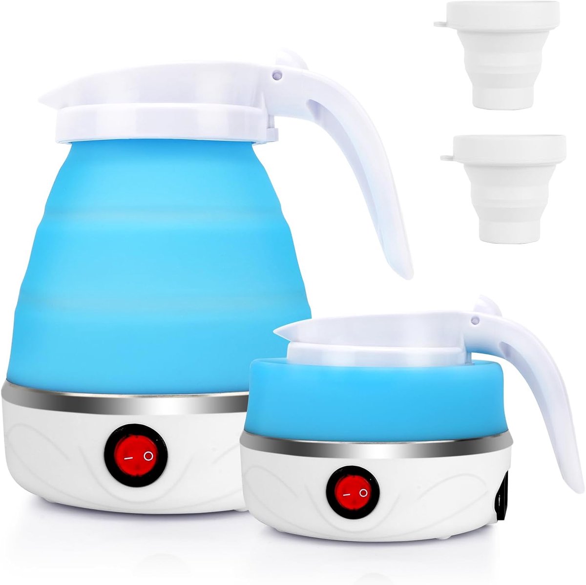 Waterkoker, opvouwbaar, 0,6 l, siliconen, camping, reizen, waterkoker, opvouwbaar | Draagbare kleine opvouwbare waterkoker met roestvrijstalen bodem en 2 vouwbekers voor reizen, camping, kantoor, outdoor