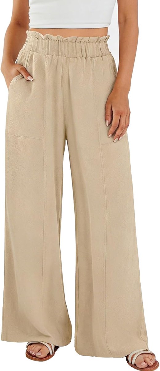Zomerbroeken dames - lichte linnen palazzobroek - hoge taille met elastiek - casual strandbroek met zakken - SnelShoppen