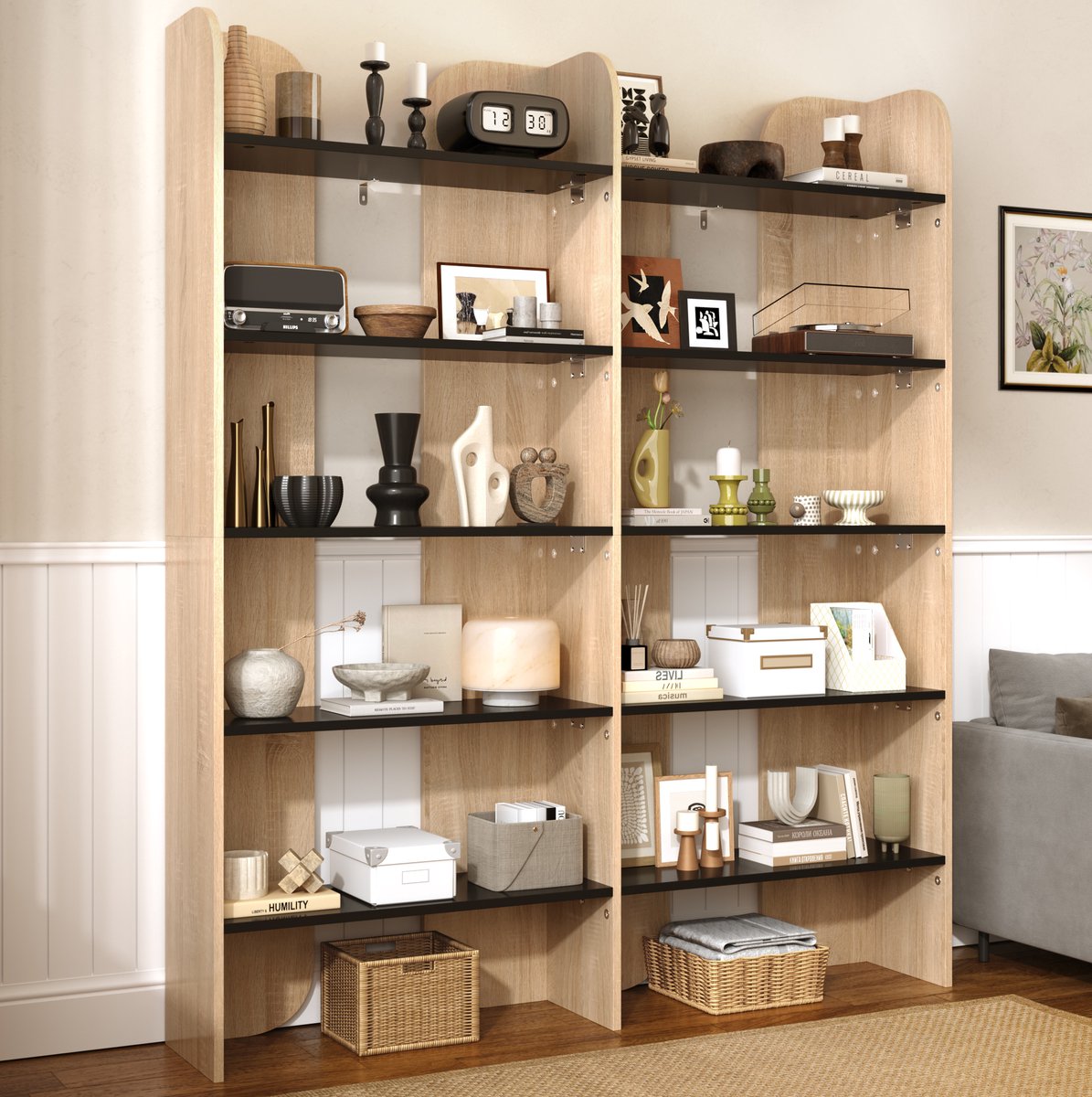MIVRAY Boekenkast - Open 5 Lagen Met Middenverdeler - 160 x 135 x 25 cm - Spaanplaat - Natural Zwart - Wandplank Voor Woonkamer En Kantoor