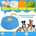 Blauwe voerbak met vier compartimenten voor hondentraktaties: bouillon, yoghurt, puree en natte traktaties. Een golden retriever en diverse puppy's kijken ernaar.