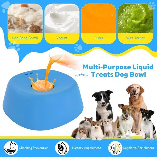 Blauwe voerbak met vier compartimenten voor hondentraktaties: bouillon, yoghurt, puree en natte traktaties. Een golden retriever en diverse puppy's kijken ernaar.