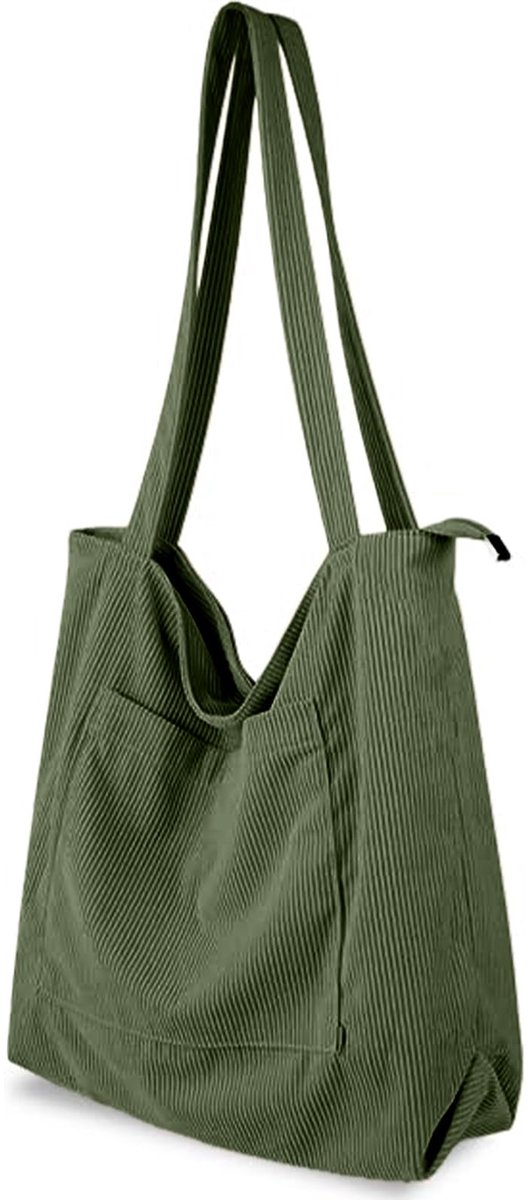 Schoudertas dames - grote corduroy tote bag - met ritssluiting - ideaal voor werk en school - ShopVlot
