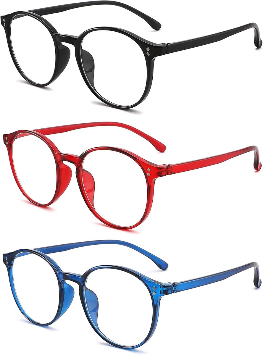 Brillen voor dames in 3 kleuren, Ronde brillen, Zwart/rood/blauw, PC-montuur, Heldere glazen