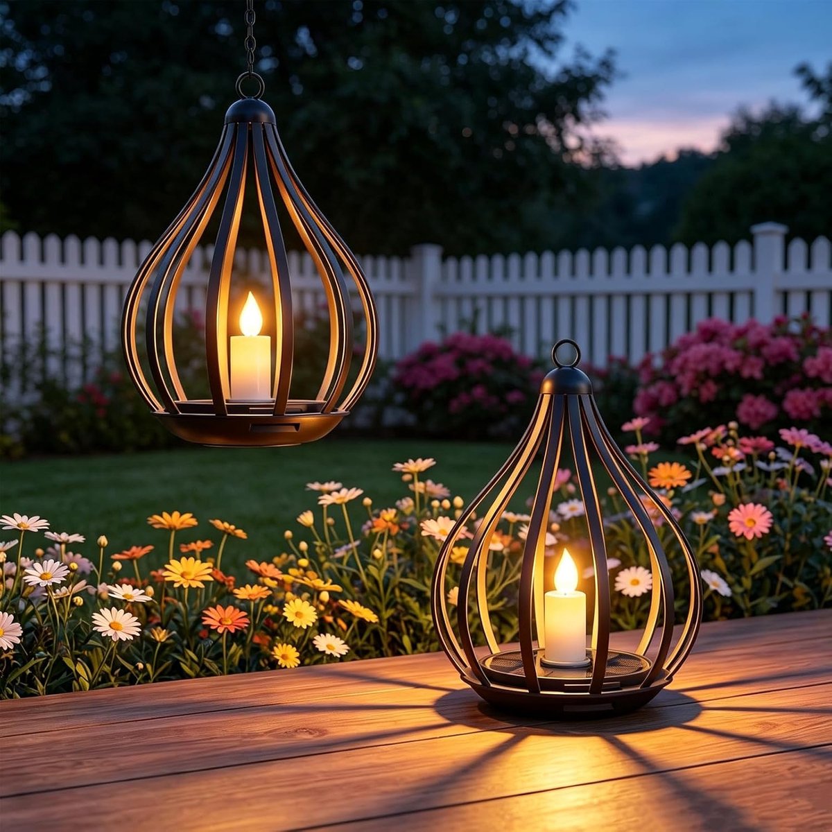 Solarlampen voor buiten, hangend, set van 2 metalen lantaarns op zonne-energie met flikkerende vlam, IP65 tuindecoratie, weerbestendig, solarlampen tuin met haak en ketting voor balkon, terras