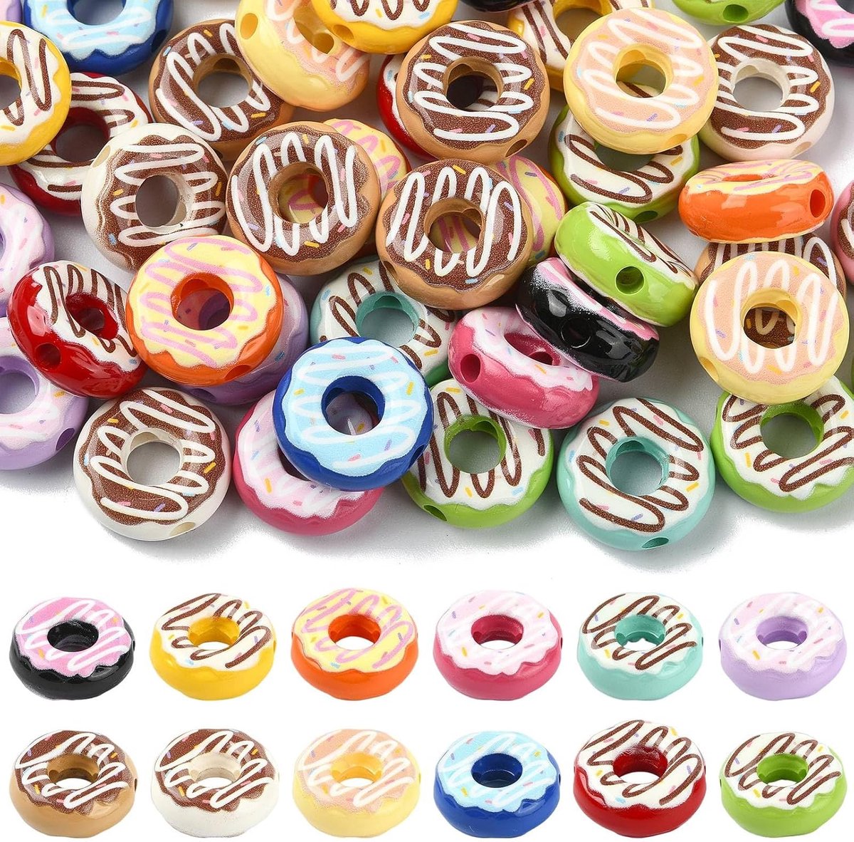 50 Stuks Gemengde Kleuren Bakken Geschilderde Ondoorzichtige Acryl Dount Kralen 15.5mm Dessert Zoet Voedsel Spacer Kralen voor Armbanden Ketting Sleutelhangers DIY Sieraden Maken Amba