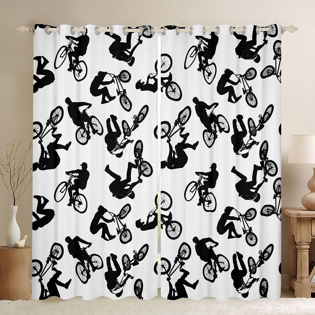 Jongens gordijn voor slaapkamer, zwart mountainbike silhouet raamgordijn voor meisjes tieners, modern cool extreem sport decor microvezel raambehandeling, XL maat