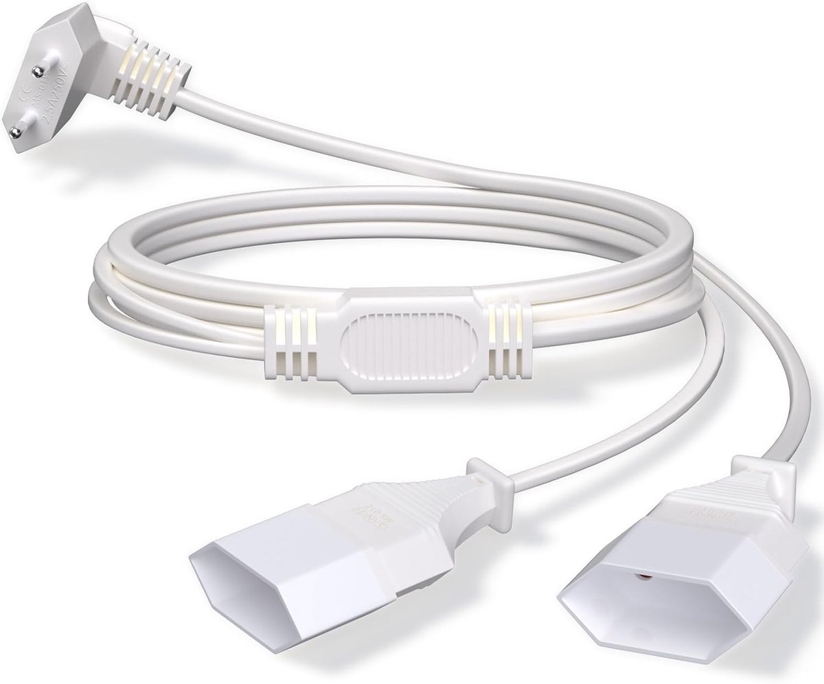 Power Cable, 2 m stroomkabel verlenging netsnoer, verlengkabel met platte stekker, 0,75 mm² Max, 2,5A/250V platte plug-extensie voor tv, pc, computer, monitor, wit
