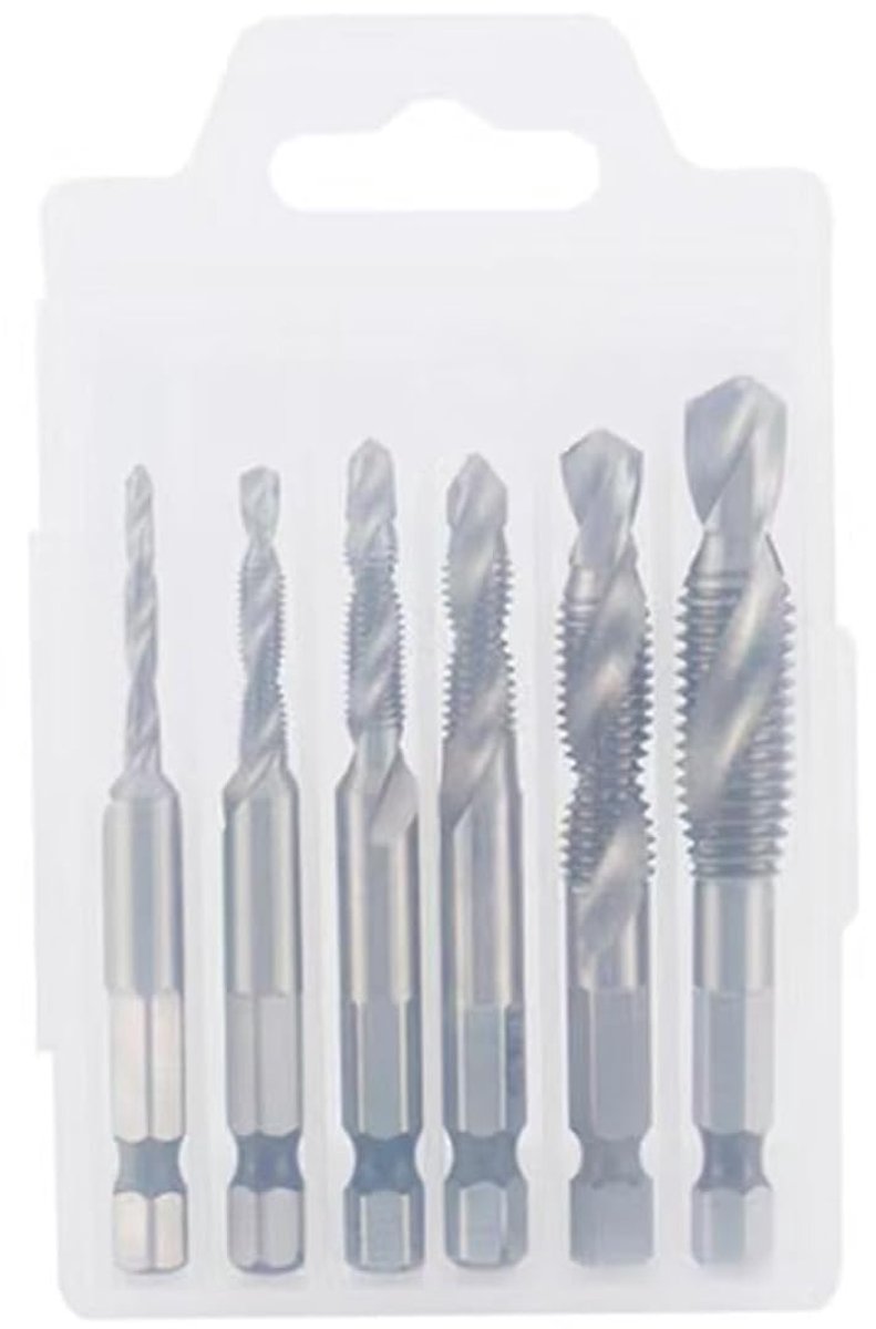 6-delige combi-schroefboorset M3-M10, schroefdraadsnijset met 3-in-1 design en roestbescherming - HSS schroefdraadboor voor buitendraad, incl. kunststof koffer, professioneel gereedschap