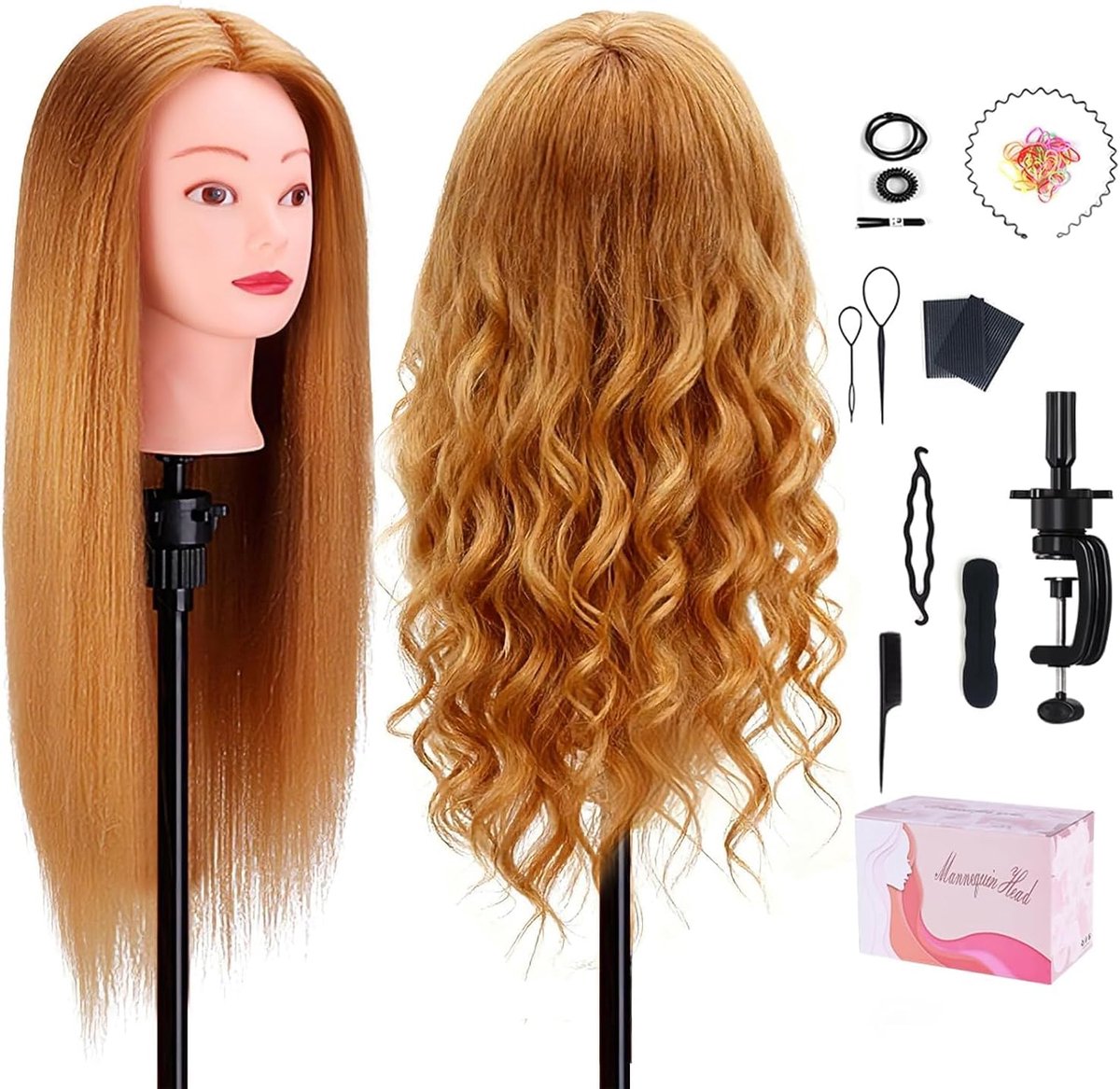 Mannequin Hoofd 66 cm, 80% Licht Koper Blond Echt Menselijk Haar Training Hoofd met Klem + Gereedschap, Cosmetologie Mannequin Poppen Kappers Hoofd voor Knippen, Vlechten, Styling