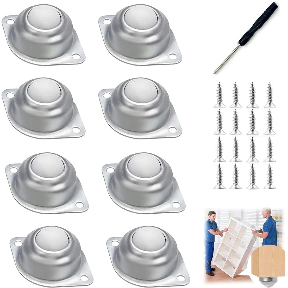 Kogelwielen, voor meubels, 8 stuks, voor zware meubels, 360° draaibaar, platte wielen voor meubels, transportrol met 20 schroeven voor schuifslee