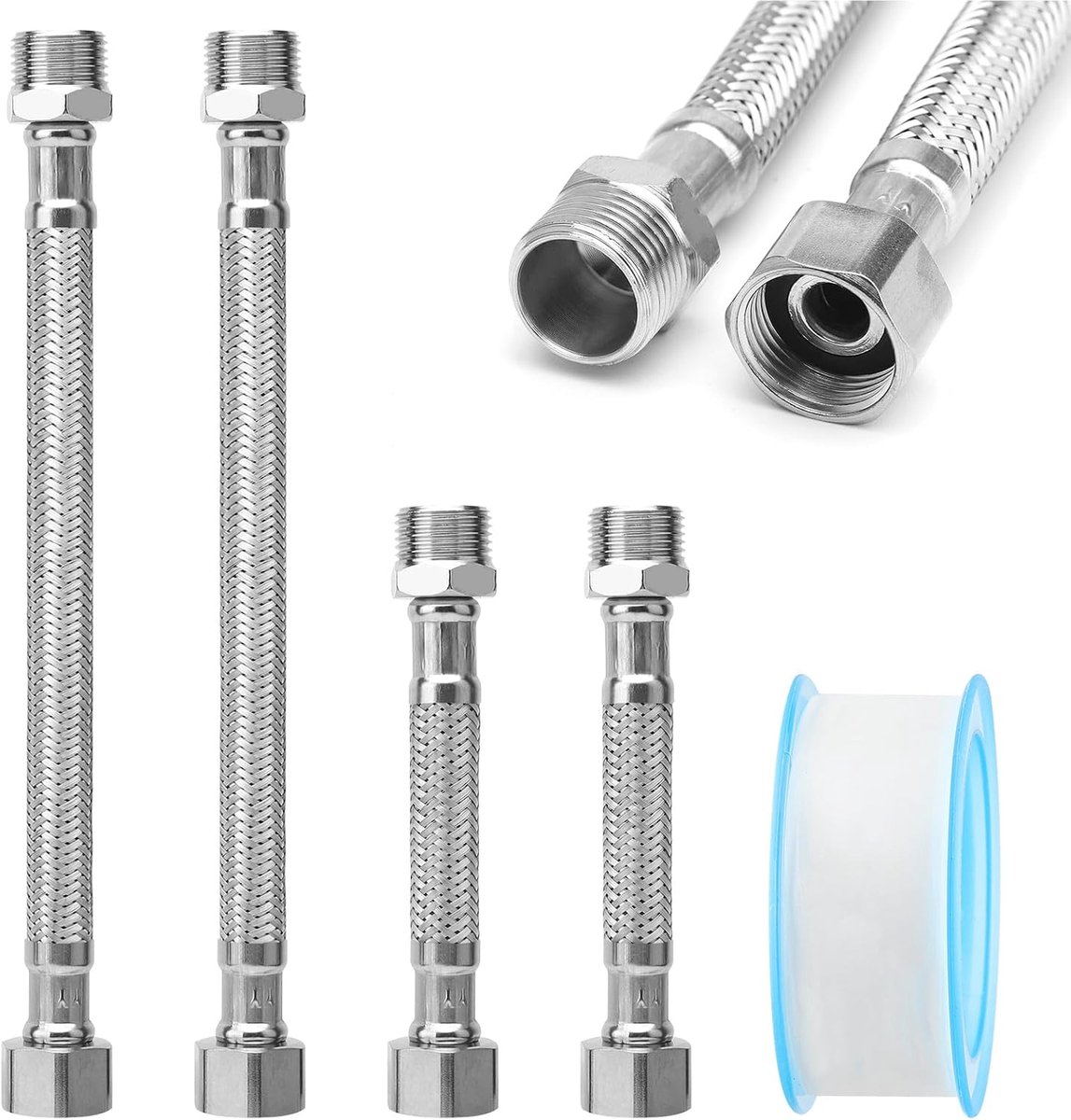 4 stuks flexibele slang 3/8, Delstalen pantserslang 3/8 inch, kraanslangverlenging, 3/8 verlengstuk, wateraansluitverlenging, aansluitslangarmatuur (10 cm/20 cm)