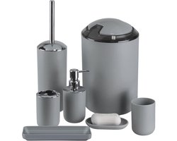Badkamer Accessoires SetIMAVO 6 stuks Plastic TandenborstelhouderTandenborstel CupZeepdispenser, Zeepvaatje Toiletborstel en HouderAfvalemmer met rietje voor Badkamer - Grijs