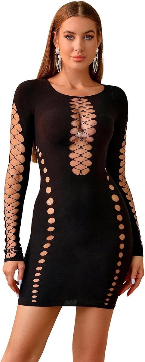 Sexy lingerie voor dames, bodycon, visnet, outfit, lange mouwen, bodystocking, eendelig, feestjurk, nachtkleding