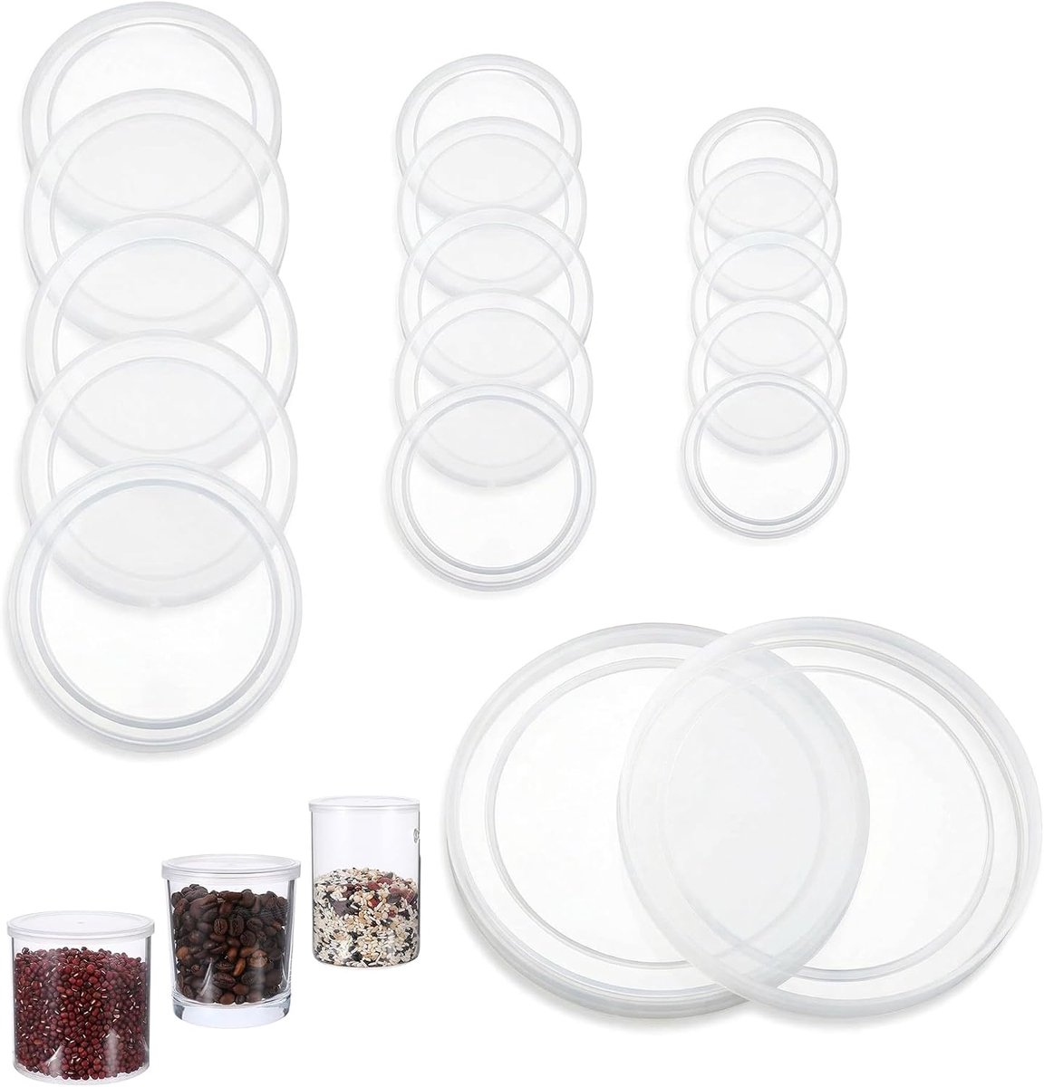 Deksels, PE-kunststof afdichtingshoezen in 3 maten (108/85/75 mm) voor voedselopslag, dierenvoeding en yoghurtbekers