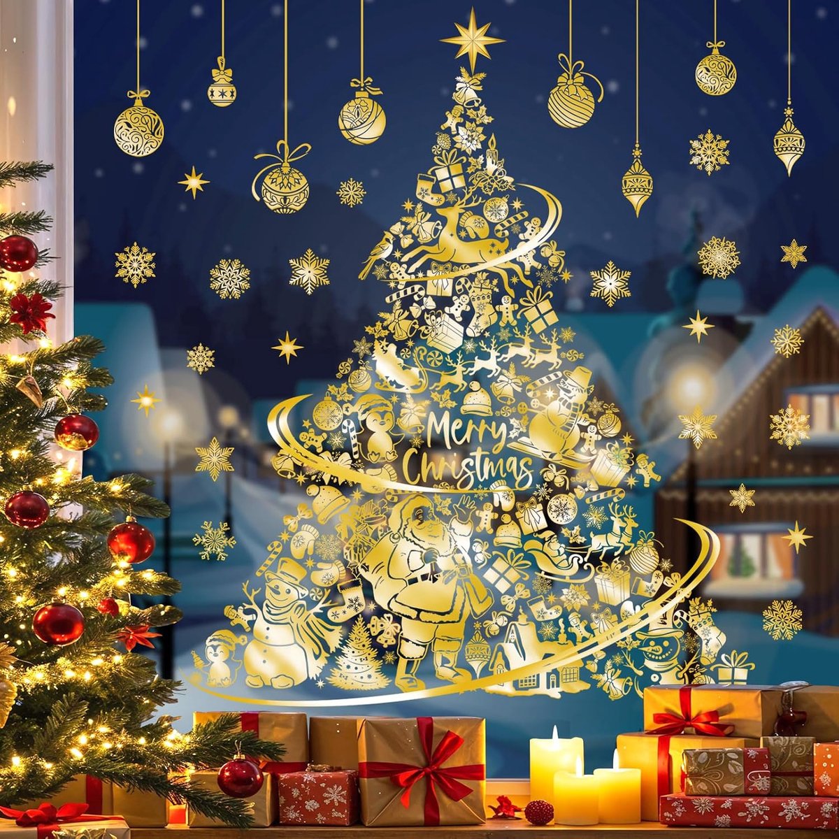 decalmile Venster klampt gouden kerstboom kerstman herbruikbare ramen stickers