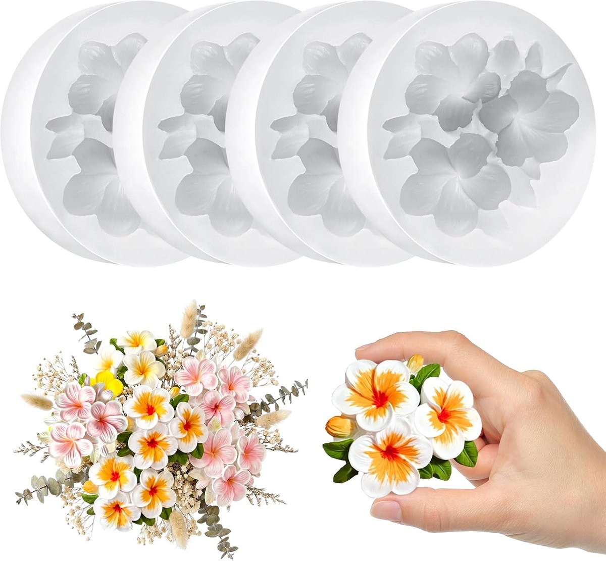 4 stuks siliconen gietvormen bloemen, 3D plumeria siliconen mal bloemen, kaarsvormen om te gieten, kaarsen siliconen mallen voor doe-het-zelf productie kaarsen, zeep, gebak, taartdecoratie