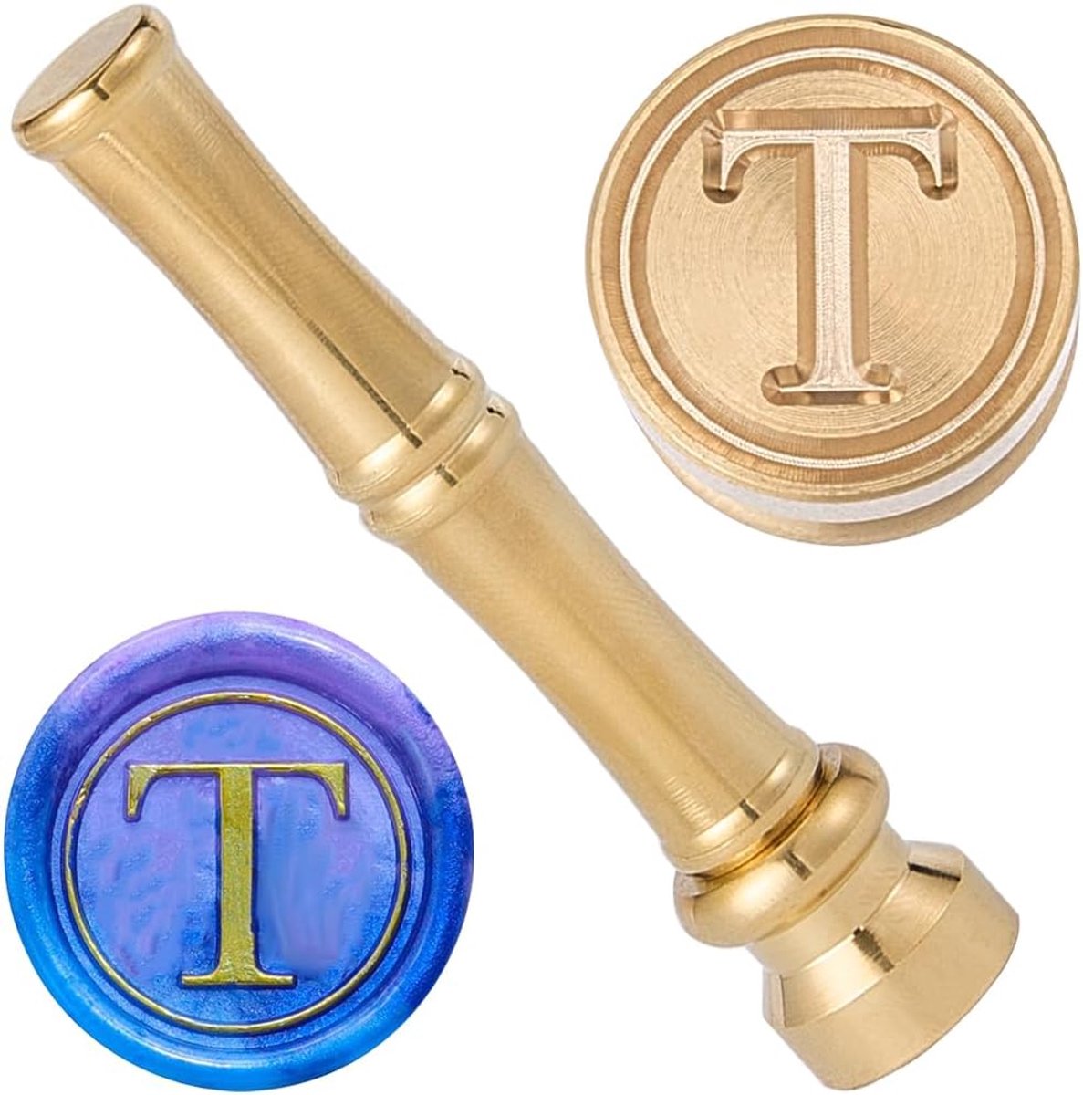 Craspire Mini-wasstempels van messing met letter T, 15 mm, metaal, goud, retro, vintage, alfabet, met handvat van bamboe, voor kaarten, enveloppen, bruiloftsuitnodigingen, versieringen