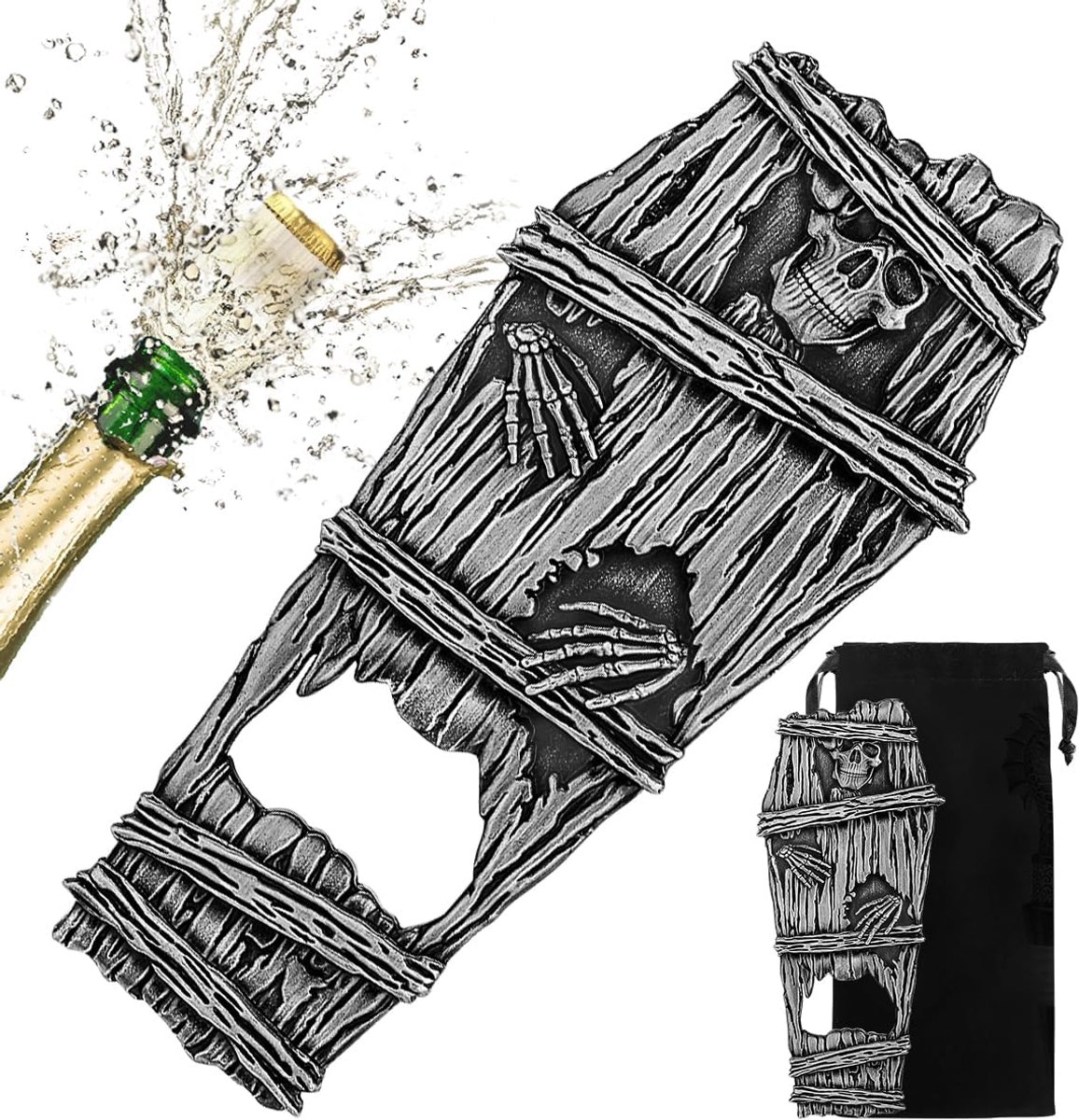 flesopener, nieuwigheid schedel geschenken voor mannen, papa, vrouwen, zilveren gothic bar accessoire met geschenktas, eigenzinnige bieropener, geschenken voor verjaardag, Vaderdag