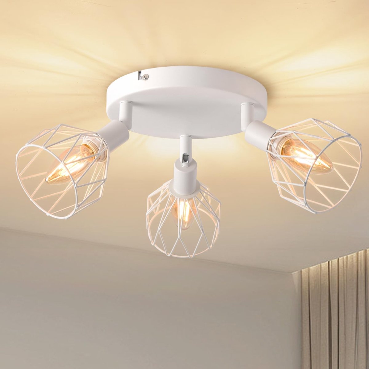 Plafondlampen, SpotLights Plafondverlichting Metalen Draad Kooi, Keuken Spotlights Plafond, Verstelbare Ronde 3-weg Witte Lounge Industriële Wandlampen met E14 Base, Lichtfittingen Plafonds