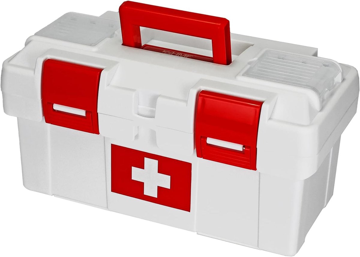 EHBO-koffer voor het opbergen van medicijnen, lege medicijnbox voor sportclub, bedrijf of thuis | 37 x 20 x 18,5 cm | Wit-Rood