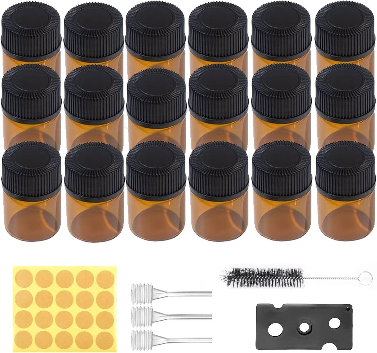 Mini glazen flessen 1ml - bruin - met penseel, pipetten en stickers - ideaal voor etherische oliën - SnelShoppen