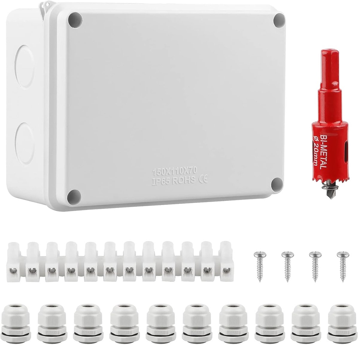 Junction Box Waterproof IP65 150x110x70mm - Voor Ø6-12mm Kabels - Inclusief 10 Kabelverdelers - SnelShoppen