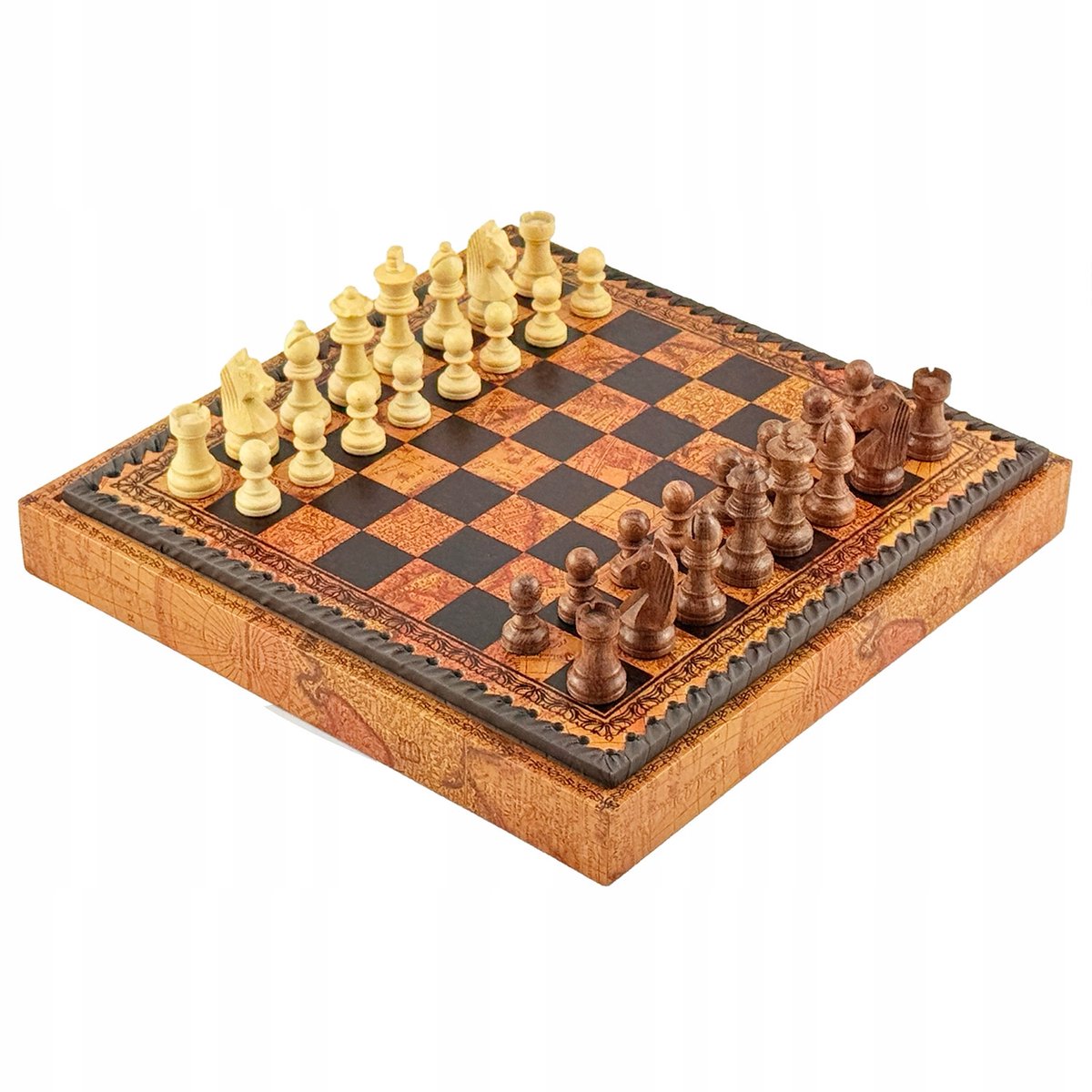 Merkloos 2-in-1 Schaken & Dammen Set - Houten Figuren, 28cm Eco-leer Bord