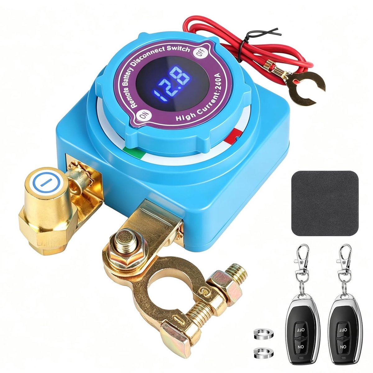 Batterijscheidingsschakelaar 12 V met 2 afstandsbedieningen, 240 A, batterijontkoppelingsschakelaar 12 V met led-spanningsindicator, batterij kill switch anti-diefstal, voor auto, camper, ATV