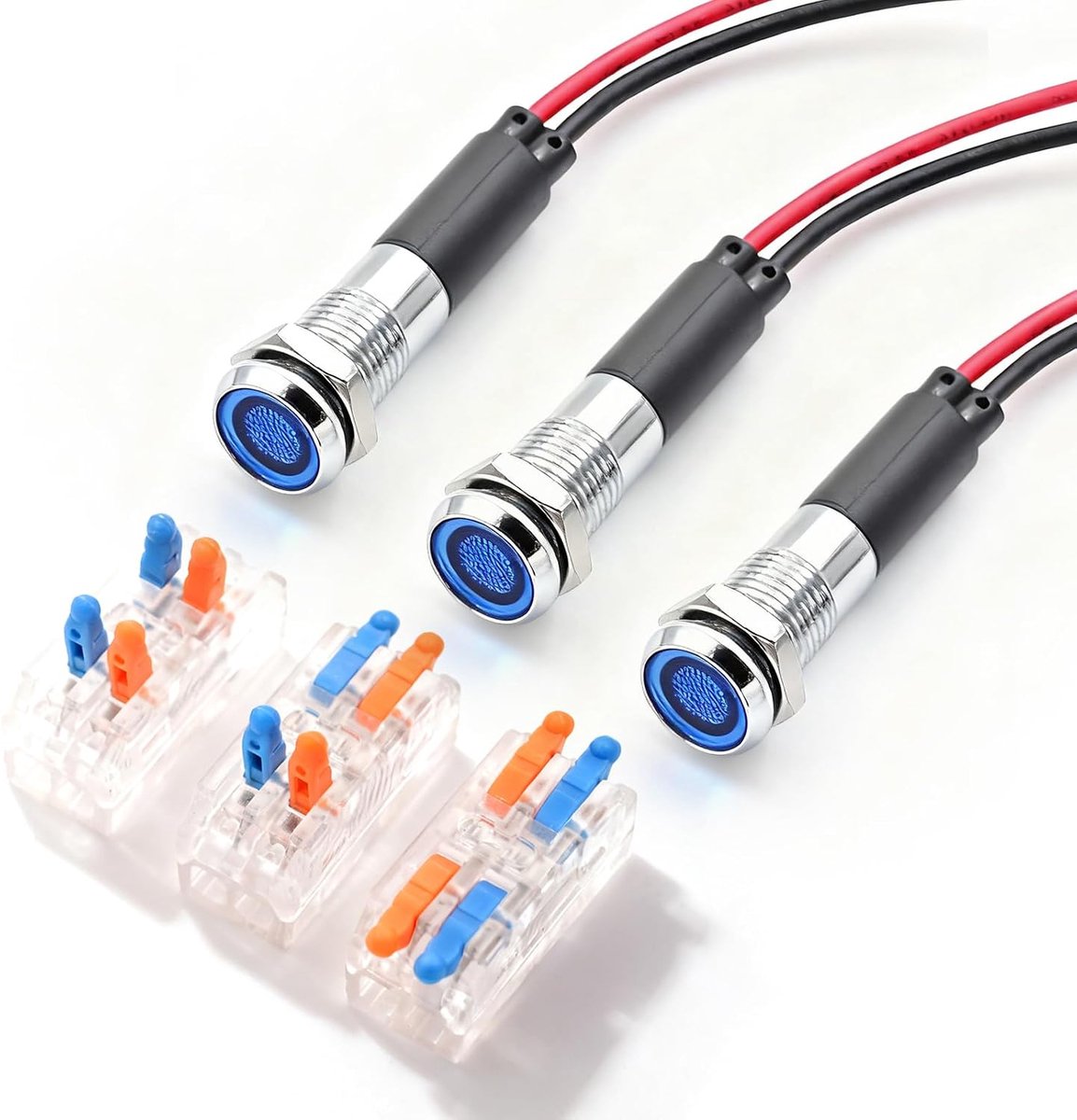 3 stuks 8 mm (5/16 ") 12V LED controlelampje waterdichte piloot signaallamp meldelamp metalen tafellampen (messing vernikkeld, blauw 3 stuks)