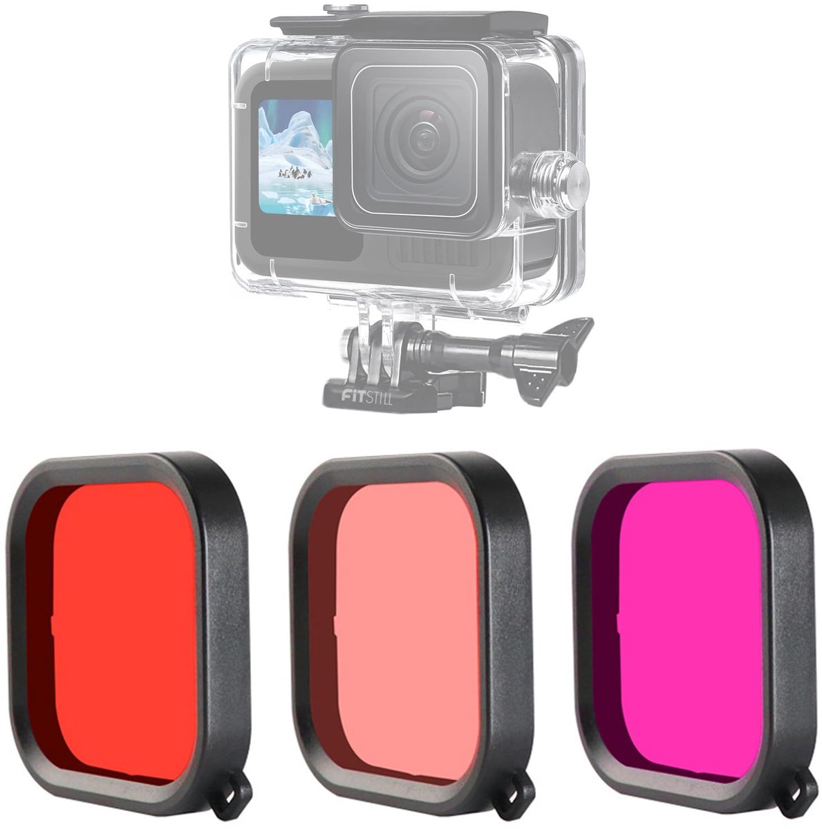 Duikfilter driekleurig - waterdichte behuizing - compatibel met Go Pro Hero 13/12/11/10/9 - SnelShoppen