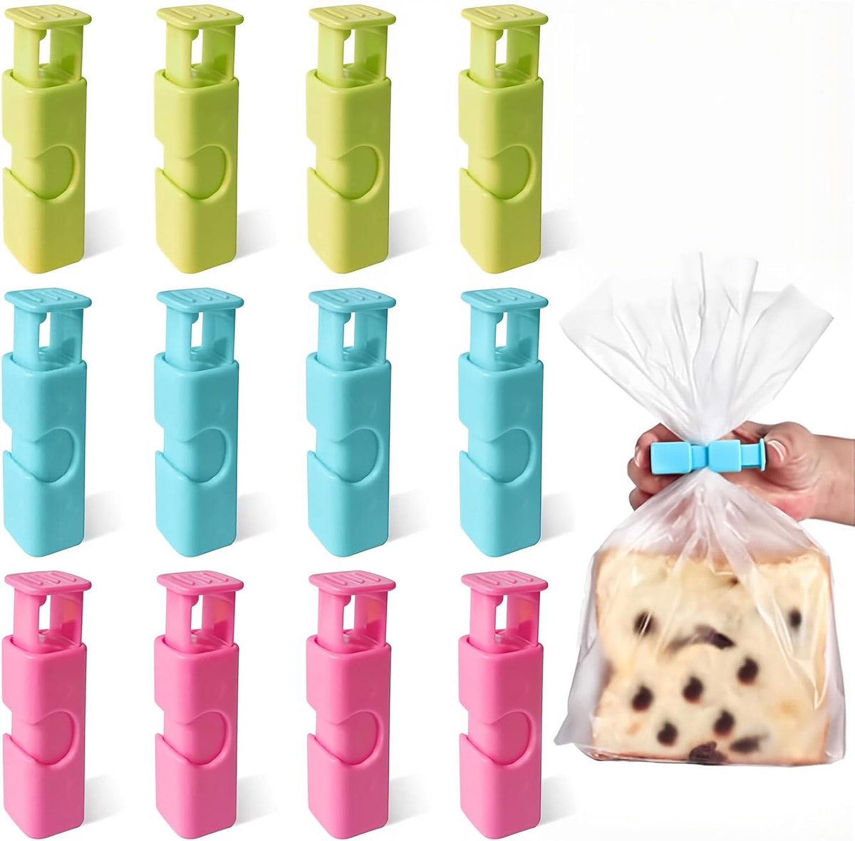 12 wasknijpers voor voedselzakken, luchtdichte sluiting voor de keuken, herbruikbare kunststof klemmen voor het bewaren van snacks, brood en koffie, 3 kleuren (blauw, groen, roze)
