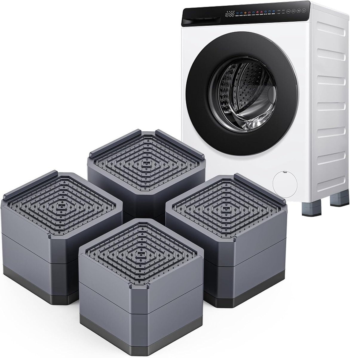 4-delige set voetjes voor wasmachine en droger, grijze meubelverhogers - Meubelverhogers voor koelkast, bed, tafel, stoel, bank (2 lagen, 7,2 cm)