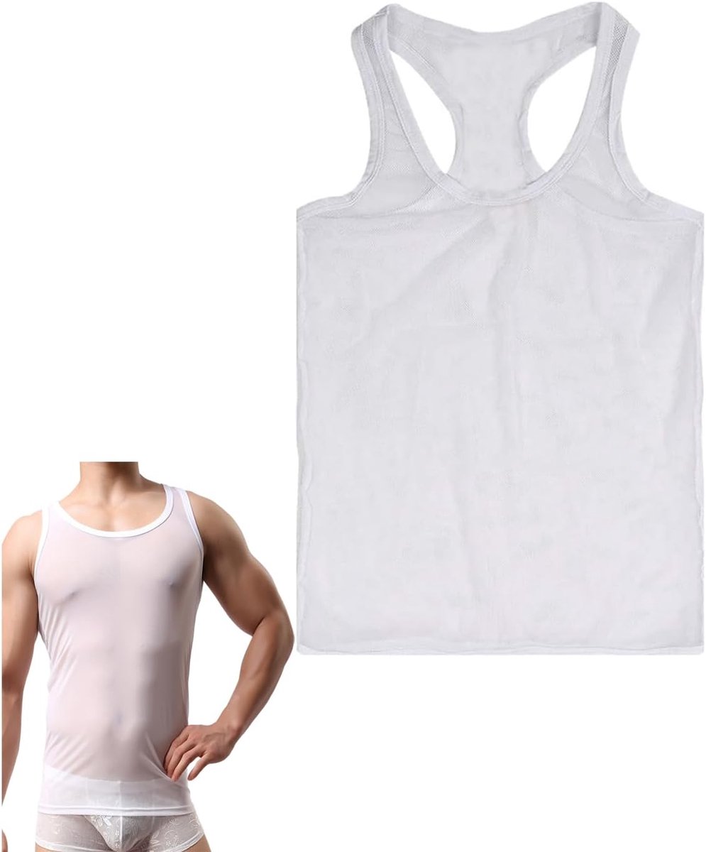 Tanktop voor heren, mesh mouwloos vest, nachtkleding voor mannen, ademende strakke sneldrogende onderhemden voor workout hardlopen sport, sexy mesh shirts tops voor feest, rave, disco,