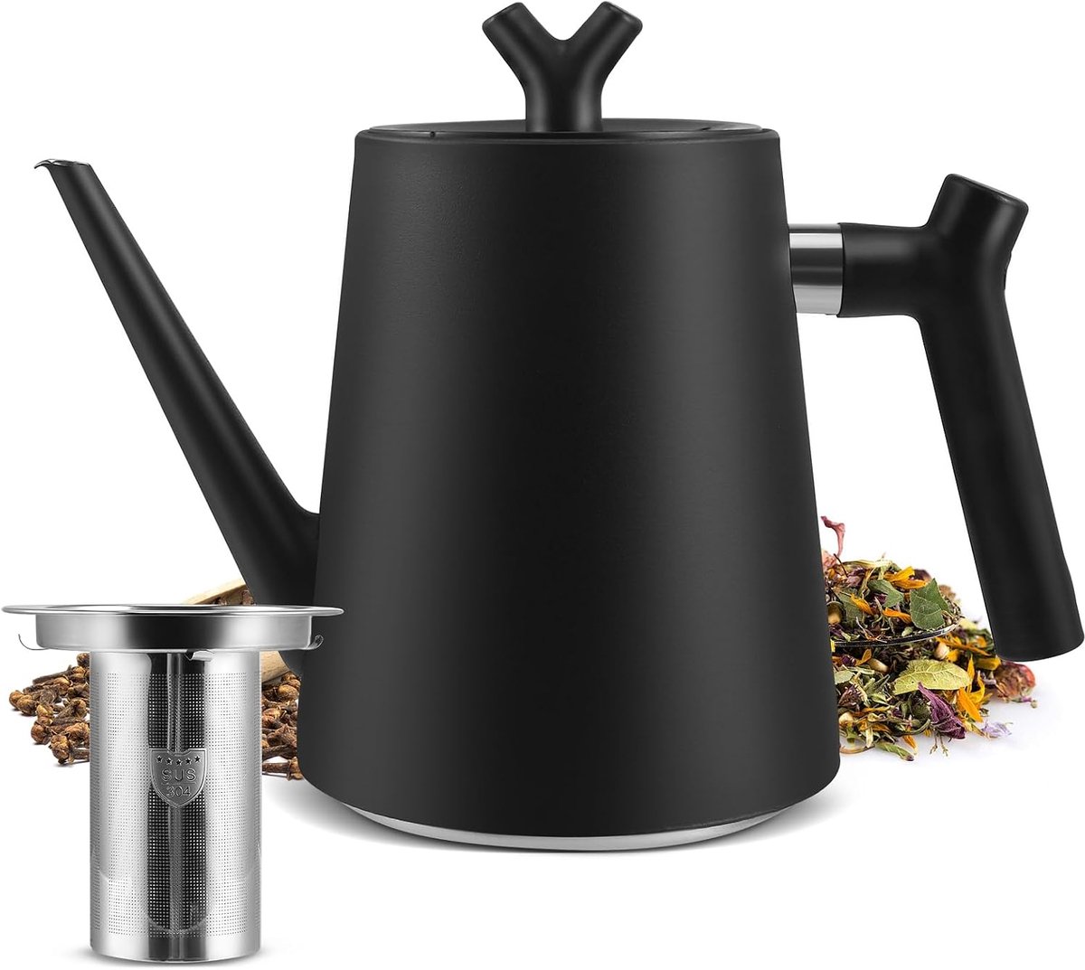 Theepot met zeef, 1,5 liter, roestvrij staal, dubbelwandig zwart, met filter voor thee en koffie, theepot 100% druppelvrij, voor alle warmtebronnen, thermoskan voor thee, modern design