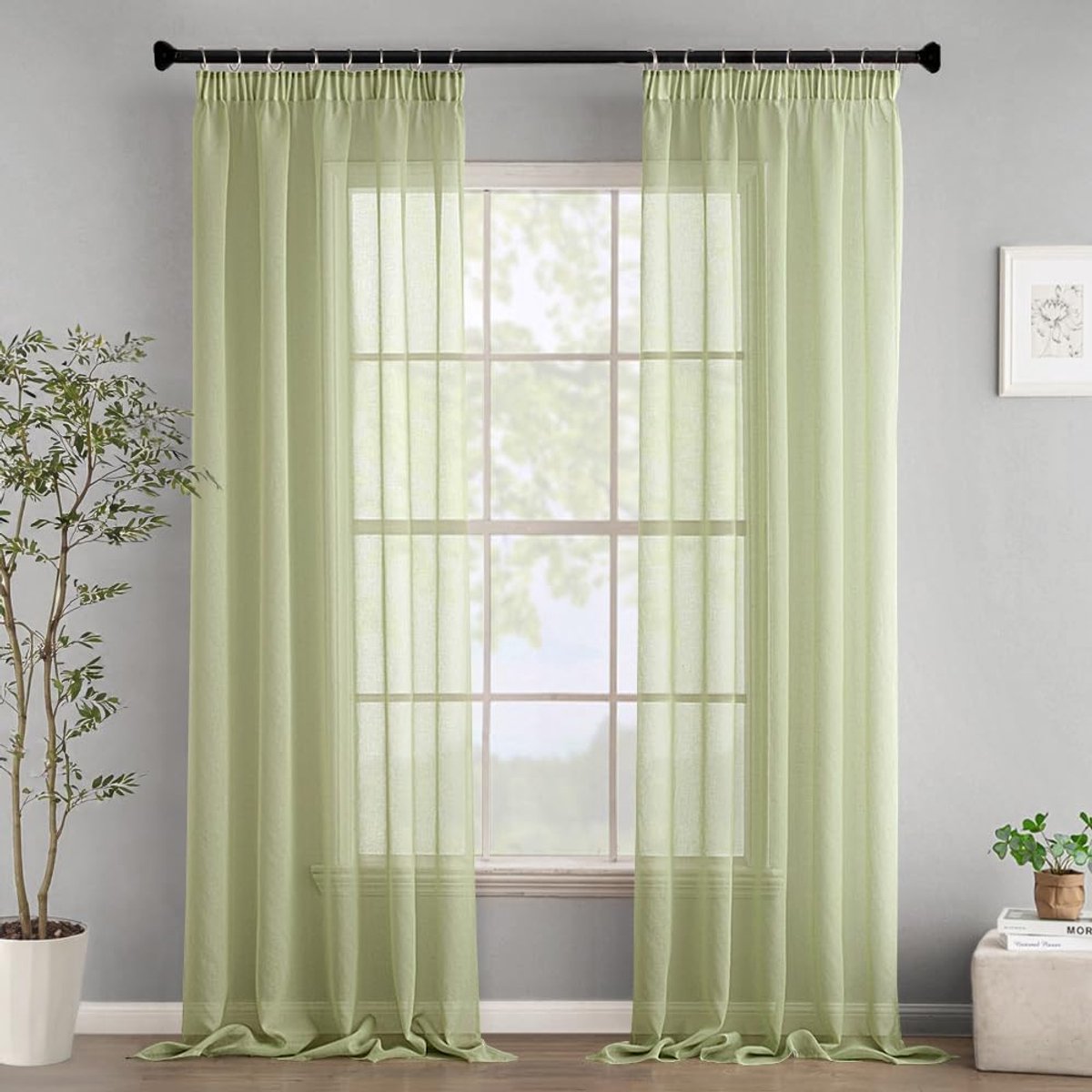 transparante raamgordijnen, vitrage met plooiband, moderne decoratieve gordijnen voor slaapkamer, woonkamer, huis, set van 2, 140x260cm, groen