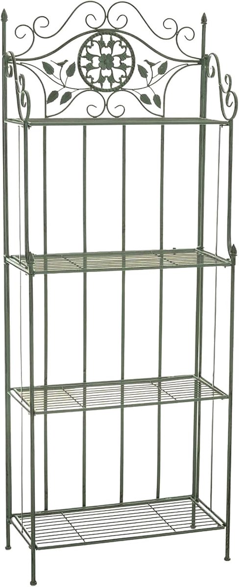 Plantenrek metaal Flora landelijke stijl, inklapbaar, staand rek met 4 legplanken, voor binnen en buiten, tuin, balkon, ttegen de muur, Kleur:antiek/groen