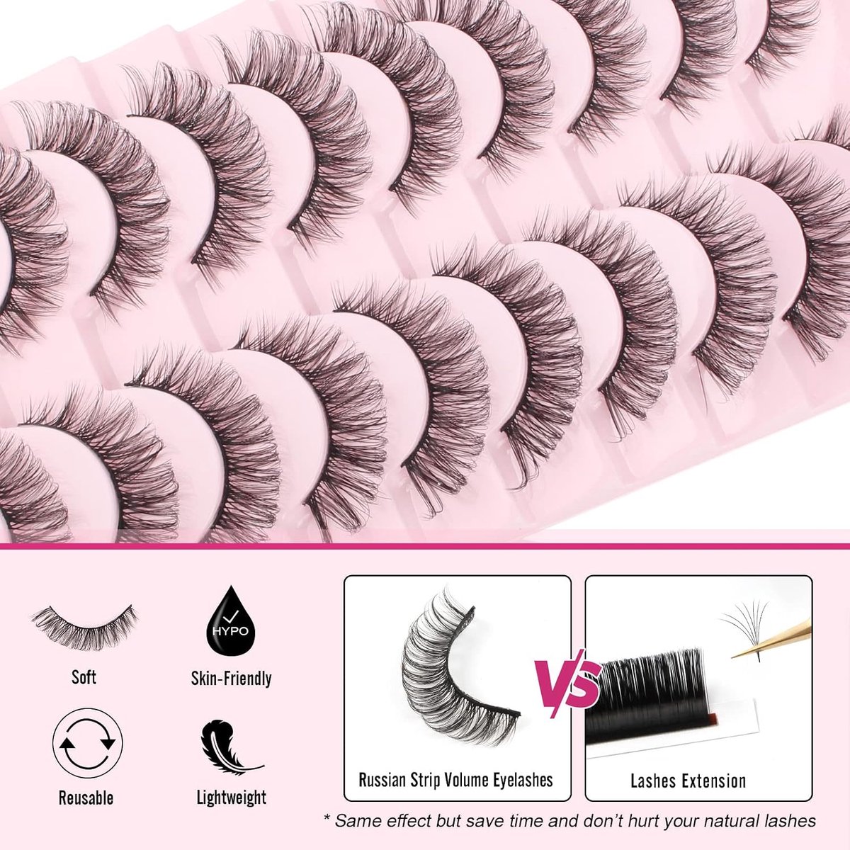Valse wimpers 10 paar Russische strip-lashes hybride natuurlijke look D-curl faux mink-lashes, pluizige, zweverige kattenoog-lashes, herbruikbaar