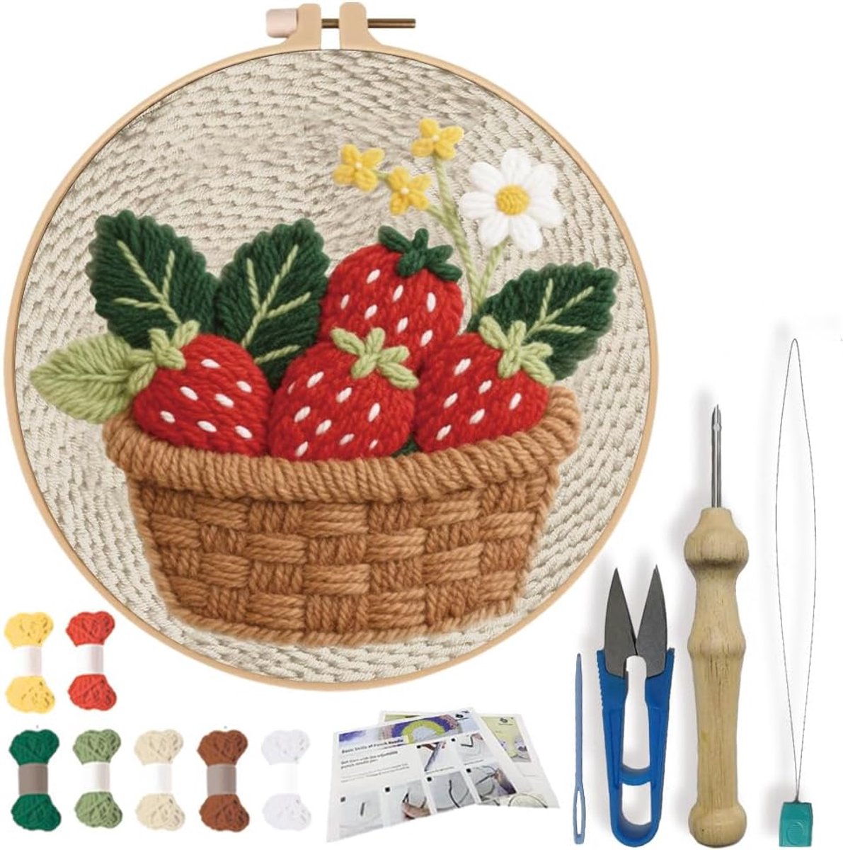 DIY Punch Needle Kits voor beginners Aardbeikorf Punch Needle Starter knutselset met banden en instructies borduurset voor volwassenen Festivalcadeau en decoratie 20cm/7.8"