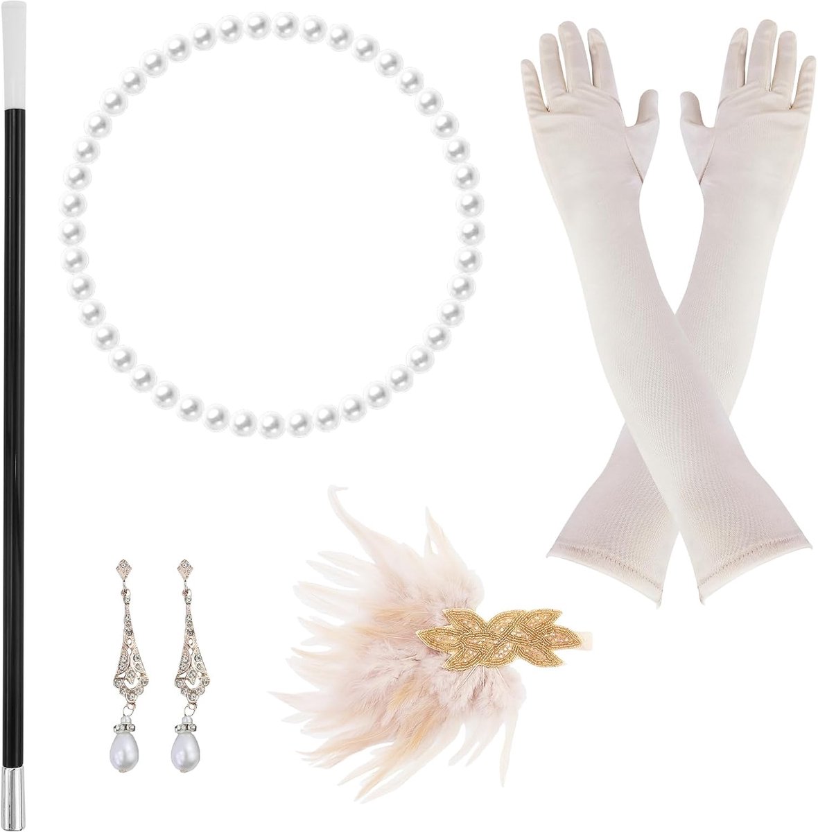 5-delige accessoireset uit de jaren 20, maskerkostuum, rollenspel, hoofdband, handschoenen, halsketting en oorbellen, champagnekleurig, eenheidsmaat