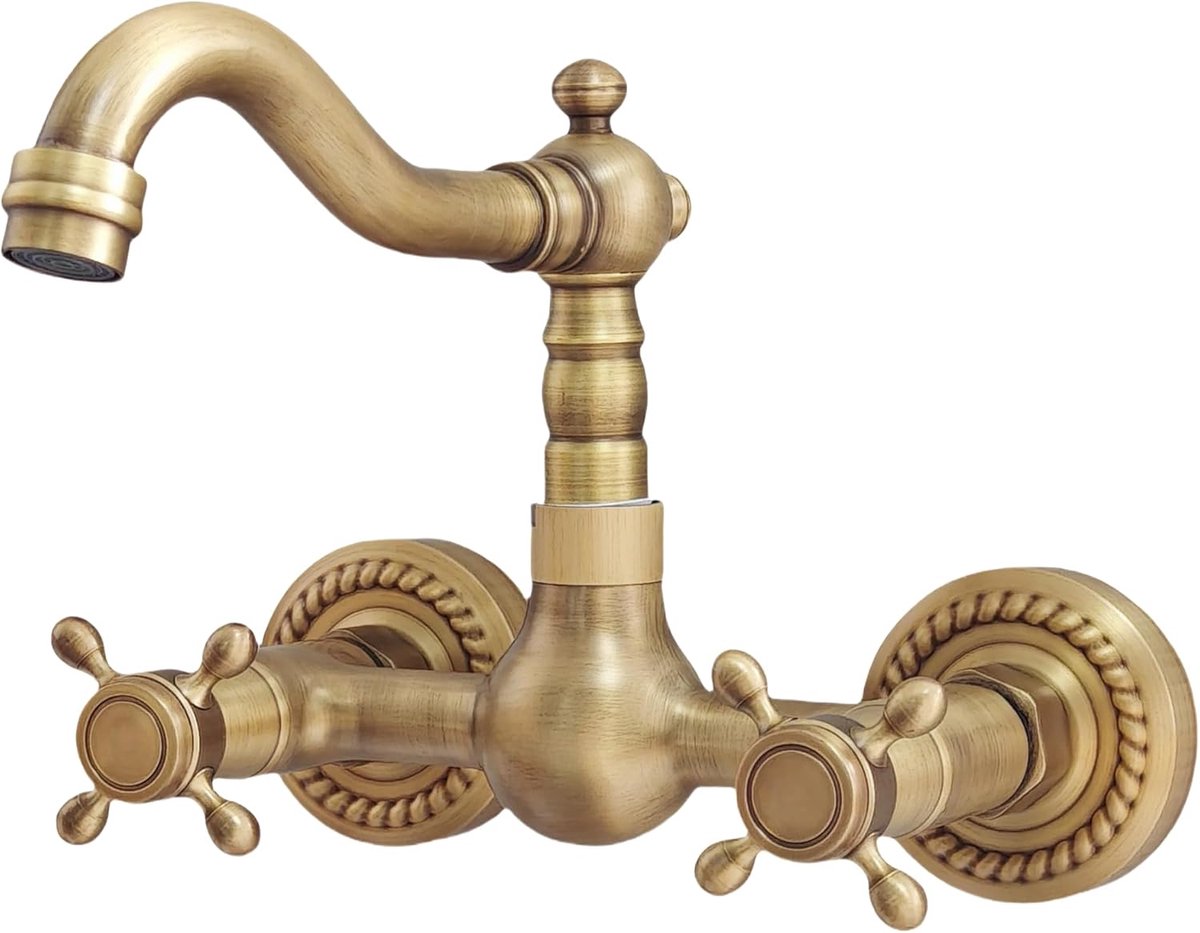Wandkraan tweegreeps keuken messing antiek | Vintage keukenkraan wandmontage, 180° draaibaar, koud en warm water, mengkraan voor keuken, badkamer, wasruimte