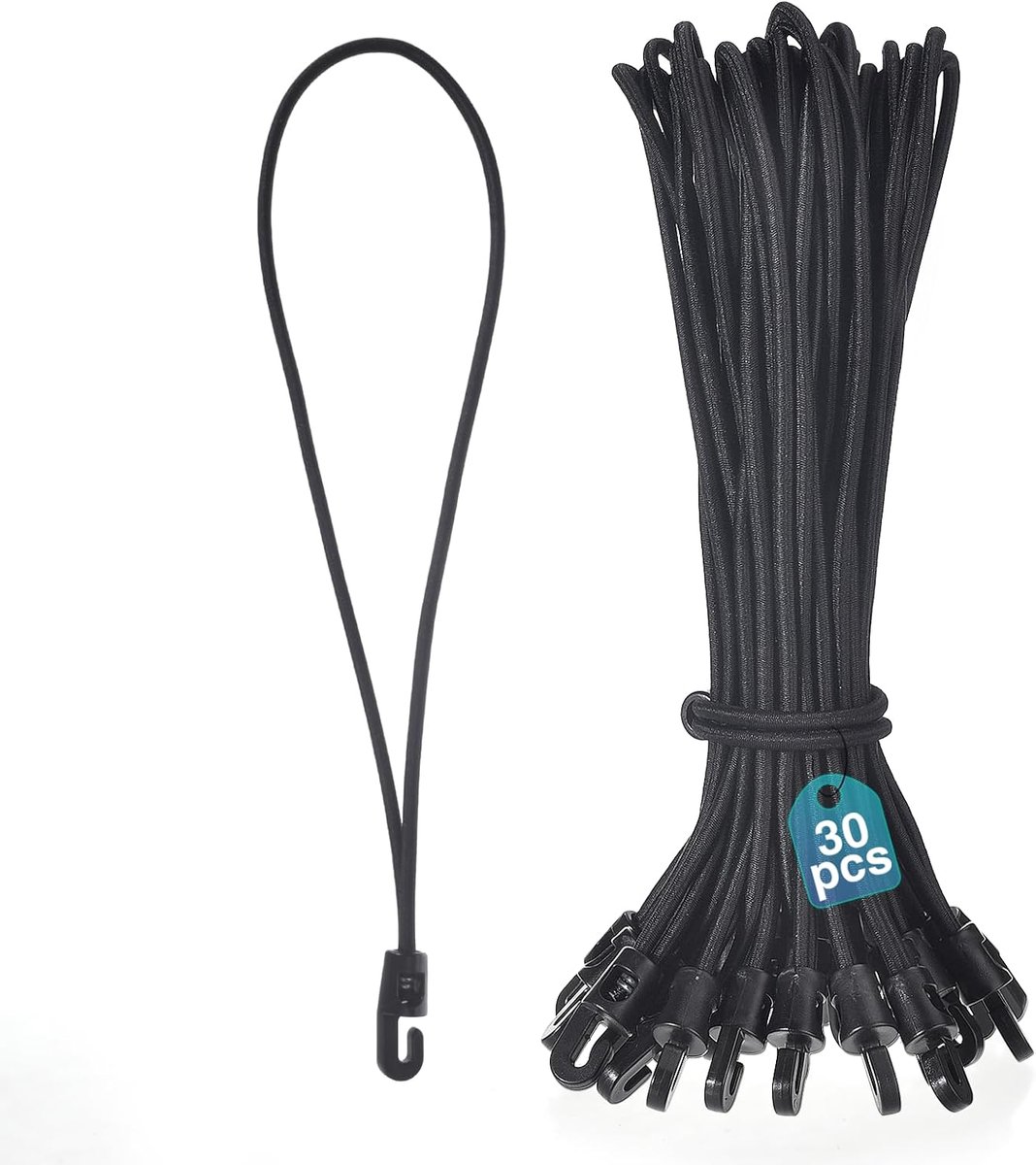 30 stuks korte elastische spanners met haken – met haken – zwart – voor dekzeilen, tenten, camping, aanhanger, zwembad (30 cm)