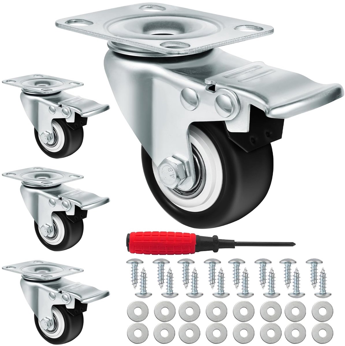 Zwenkwielen, transportwielen, 50 mm, met 280 kg belasting, meubelwielen, vergrendelende zwenkwielen met veiligheidsvergrendeling, wielen, 4 stuks, met schroeven, schroevendraaier